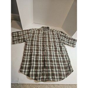 Banded Collar Red Green Plaid Short Sleeve Button Down Shirt - Medium Mens Band